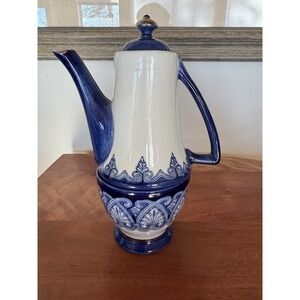 Bombay Company Tea for One Set Arabesque Pattern Cobalt Blue White Silver Trim